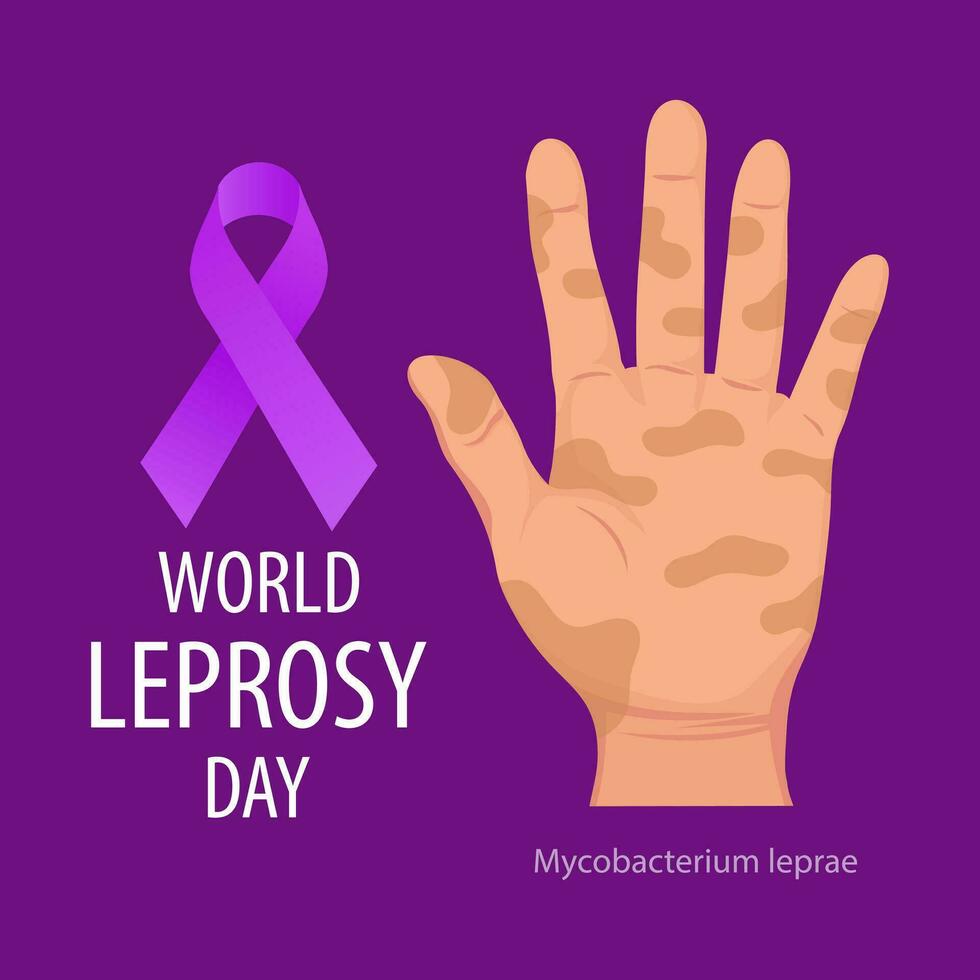 World leprosy day banner with hands and purple awareness ribbon. Healthcare and medicine. Vector