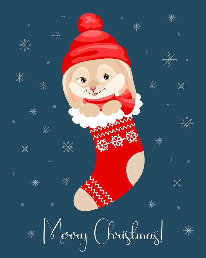 Cute bunny in a Christmas sock on a background of snowflakes. Christmas card, poster, vector