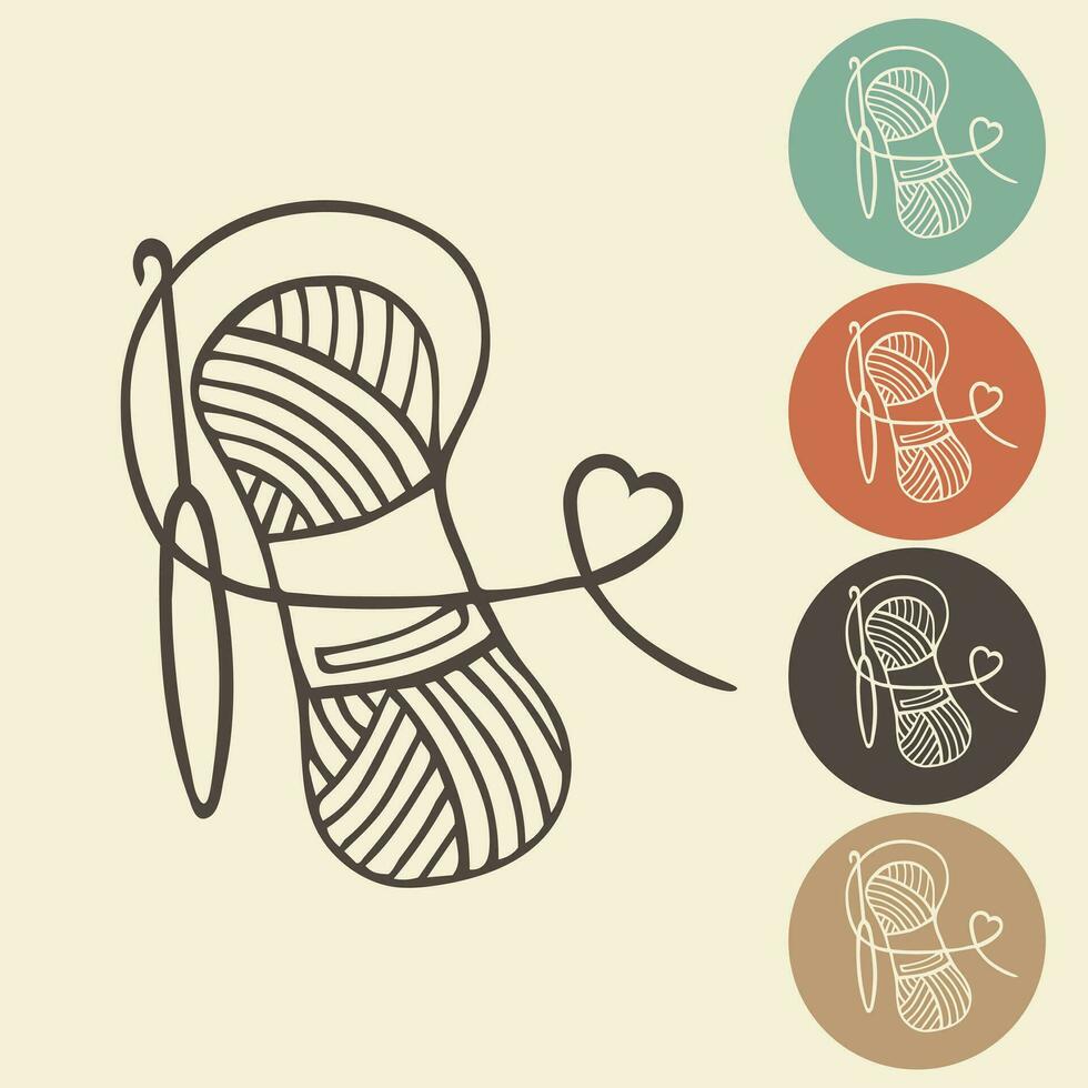 Knitting and crocheting icon in different variations. A skein, a ball of thread, a hook and knitting needles. Sketch, vector