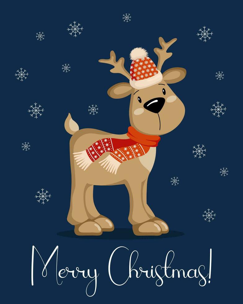 Christmas cartoon deer in a scarf and a Santa hat on a blue background of snowflakes. Christmas card, print, vector