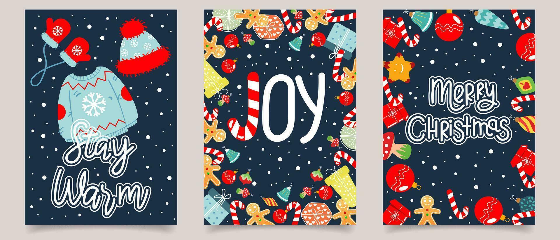 Set of Christmas cards with lettering decorated with toys, Christmas candies, gifts and snowflakes. Set of holiday backgrounds. Posters. vector