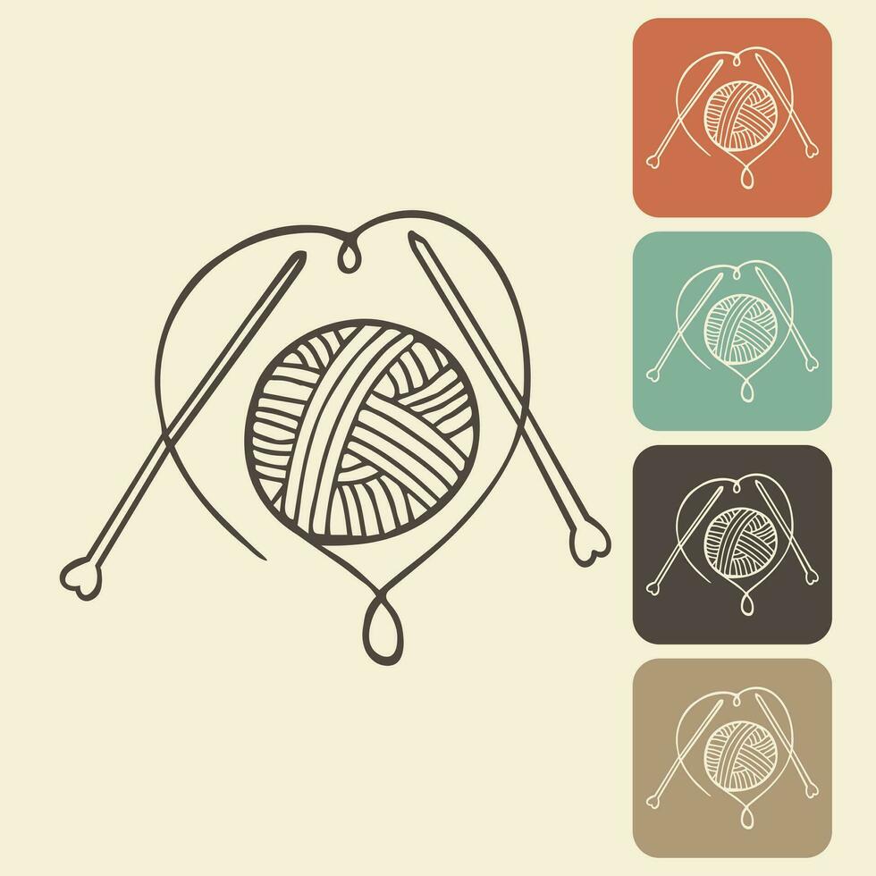 Knitting and crocheting icon in different variations. A skein, a ball of thread, a hook and knitting needles. Sketch, vector