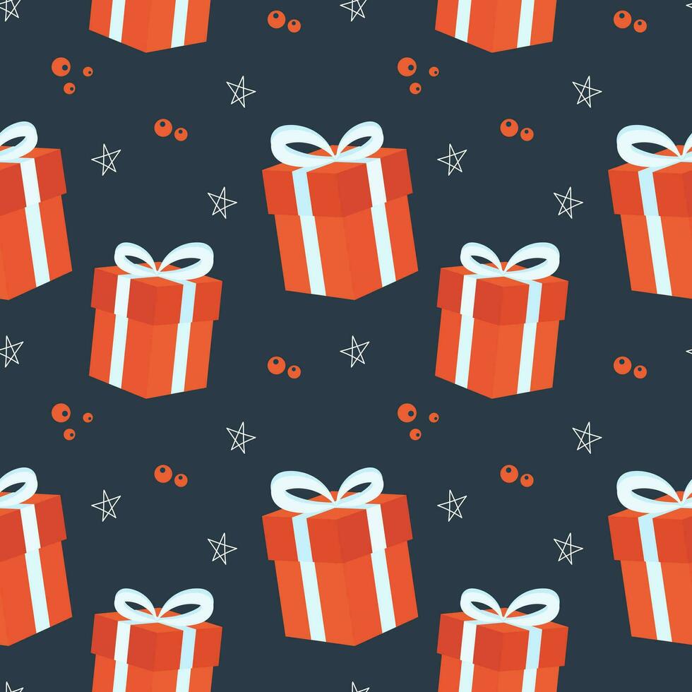 Seamless pattern, beautiful gift boxes with ribbons on a blue background. Christmas print, holiday textile vector