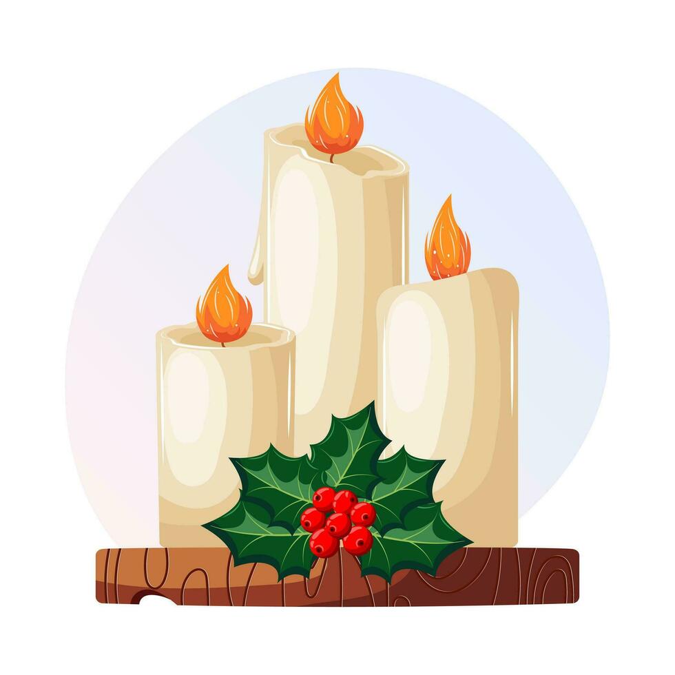 Christmas illustration, burning candles, holly and red berries on a wooden stand. Postcard, background, vector