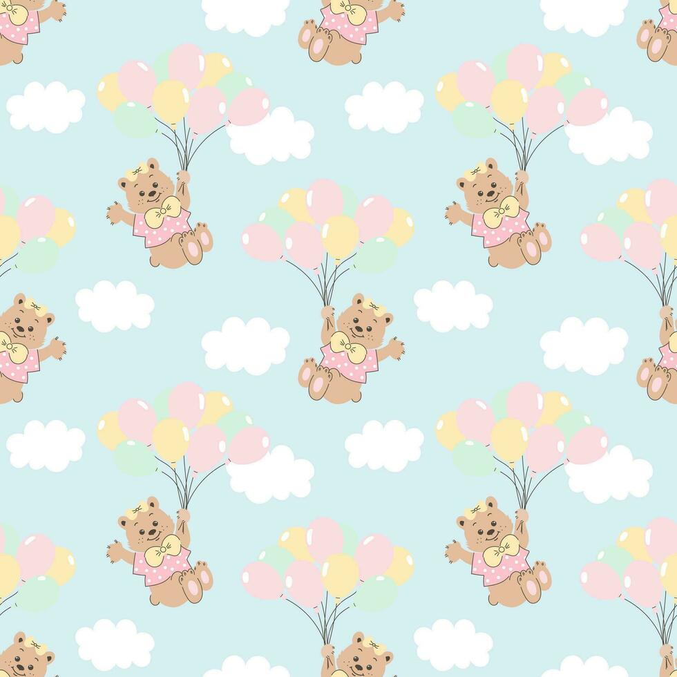 Seamless pattern, cute cartoon bears flying on balloons in the sky with clouds. Baby background, print, textile, vector