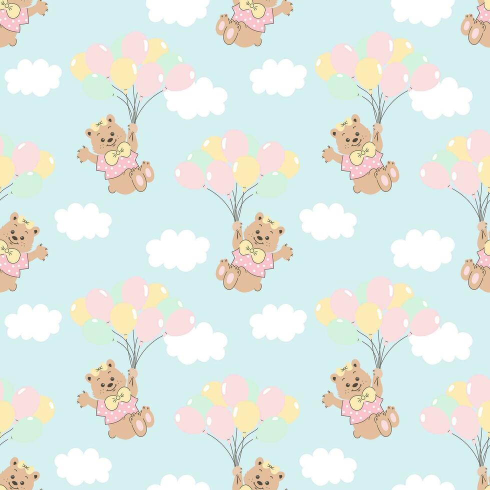 Seamless pattern, cute cartoon bears flying on balloons in the sky with clouds. Baby background, print, textile, vector