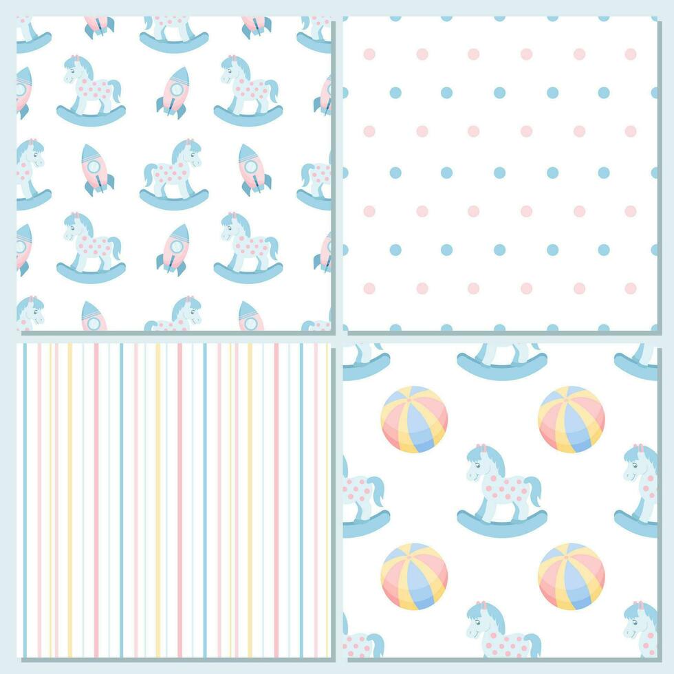 Collection of children's seamless patterns from rocking horse, toys, hearts, stripes and dots. Pastel background for children. Vector