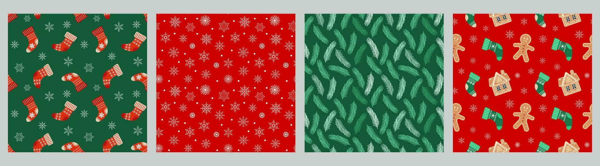 Collection of Christmas seamless patterns with gingerbread men, houses, snowflakes, Christmas candies and socks. Set of holiday backgrounds, vector