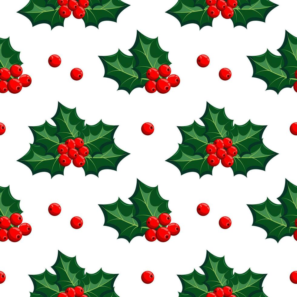 Seamless pattern, Christmas holly with berries on a white background. Print, background, vector