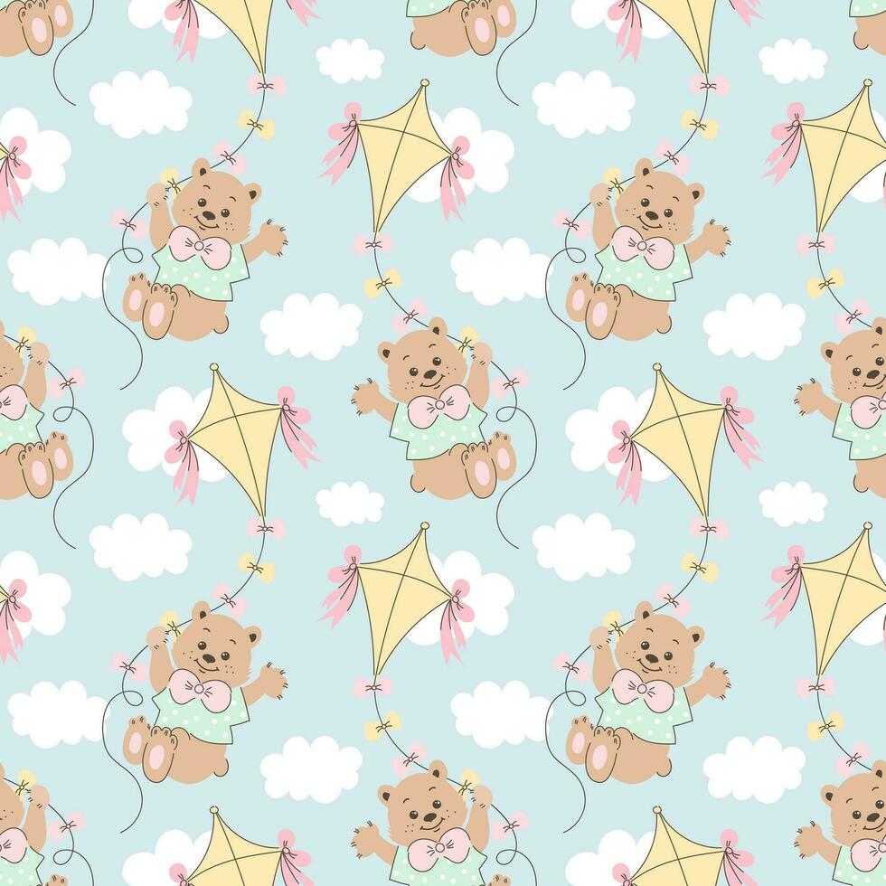 Seamless pattern, cute cartoon bears fly on a kite in the sky with clouds. Baby background, print, textile, vector