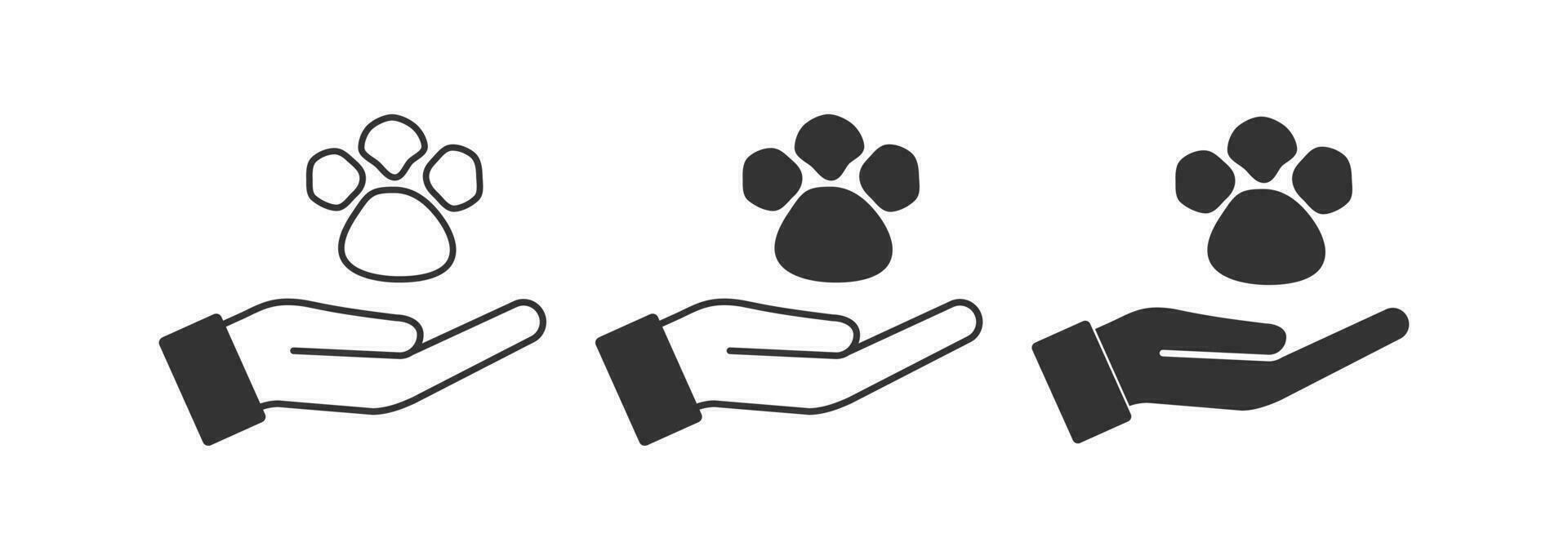 Animal paw and open human palm icon. Veterinary logo symbol. Sign dog footprint and pople hand vector. vector
