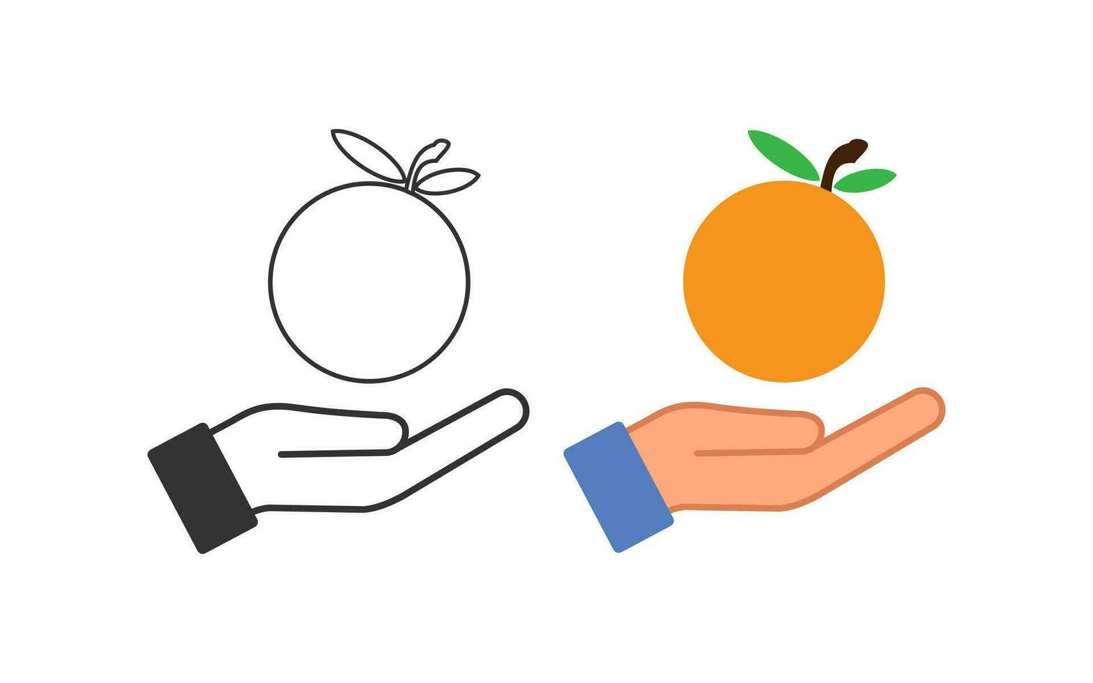 Orange in open palm icon. Give tangerine symbol. Sign  treat with fruit vector. vector