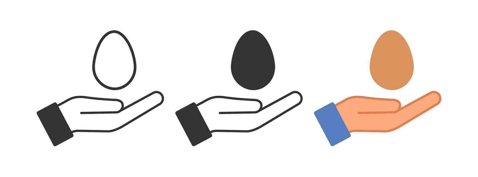 huevo en un abierto mano icono. dar un pollo embrión símbolo. firmar mantener oval vector. vector