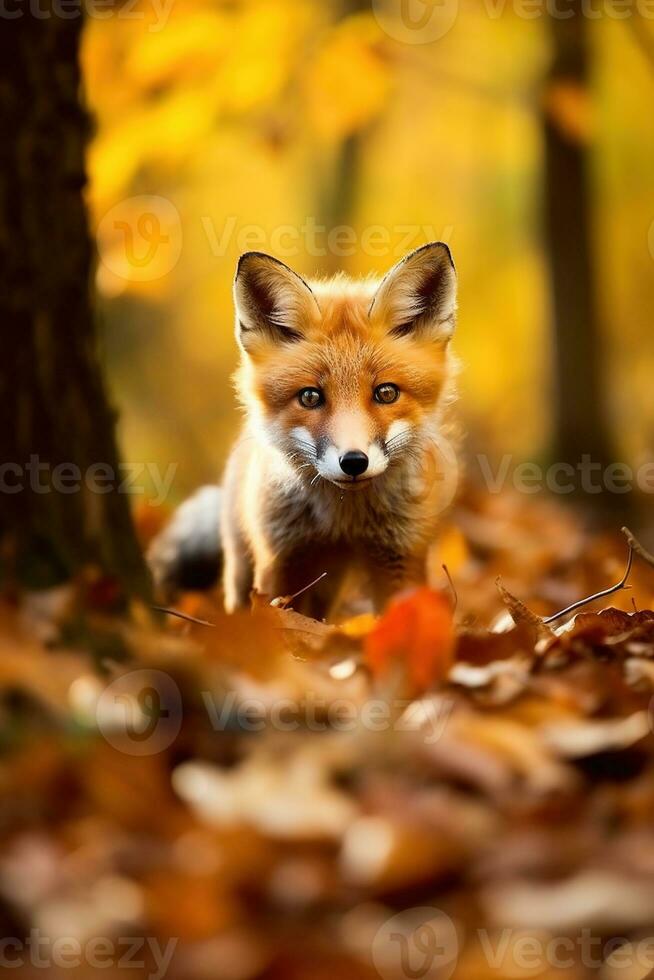 AI generated Red fox in the autumn forest. Beautiful wild animal in nature. photo