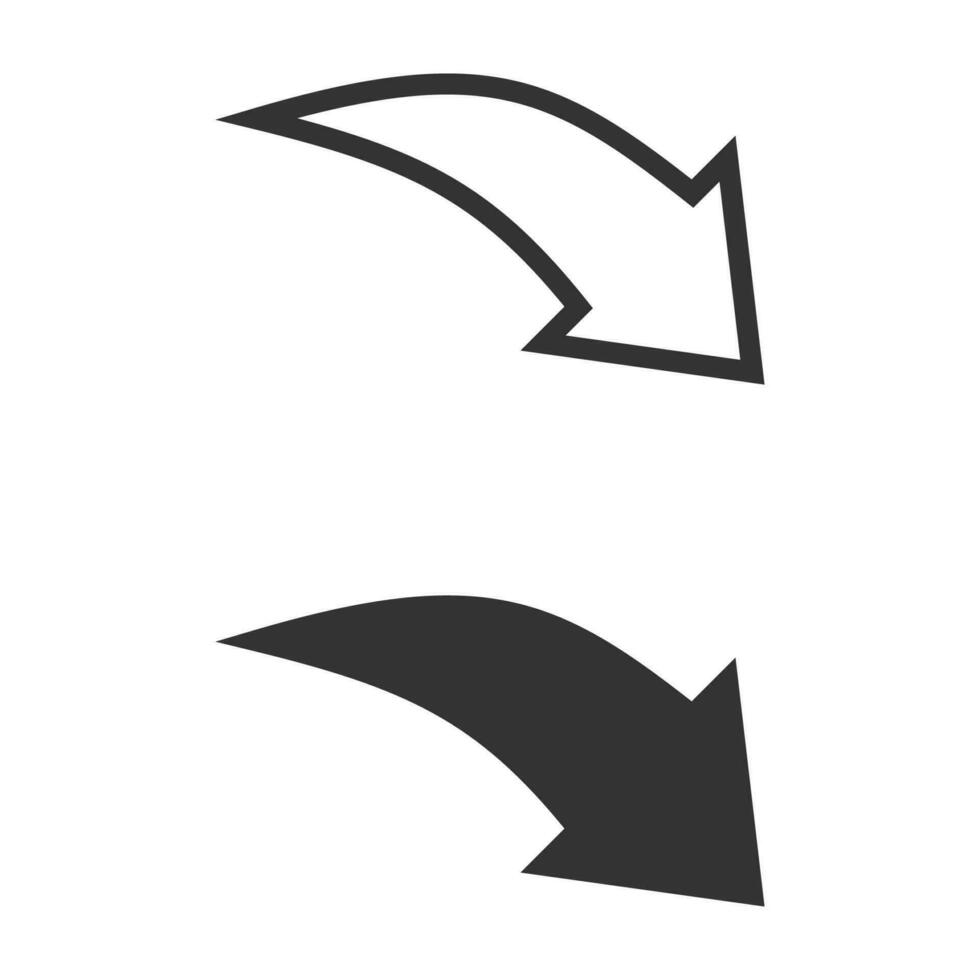 Curved down arrow icon. Black and white pointer symbol. Sign app button vector. vector