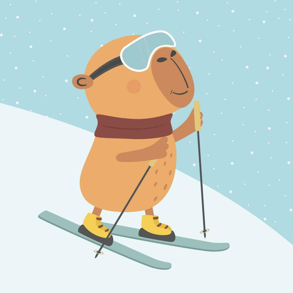 Cute greeting card with cute capybara skiing on mountain vector