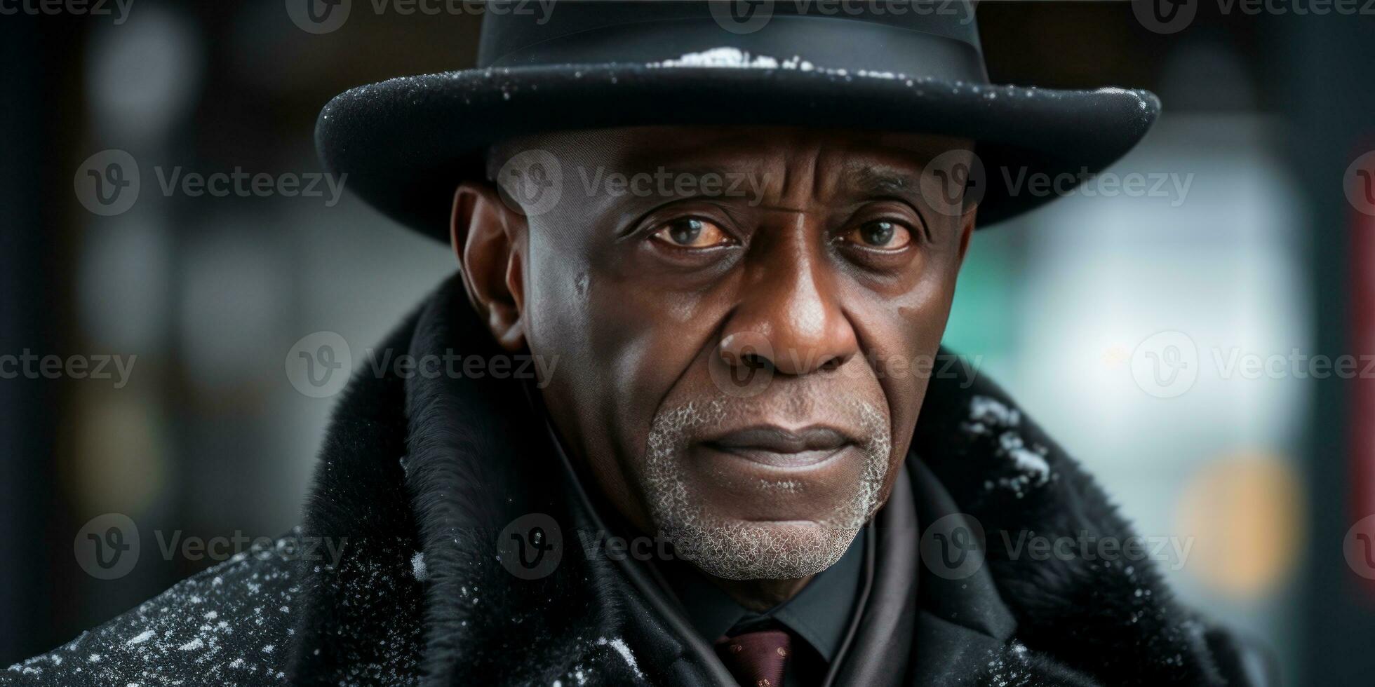 AI generated Weathered face of an elderly man in winter attire, set against a snowy. AI generative. photo