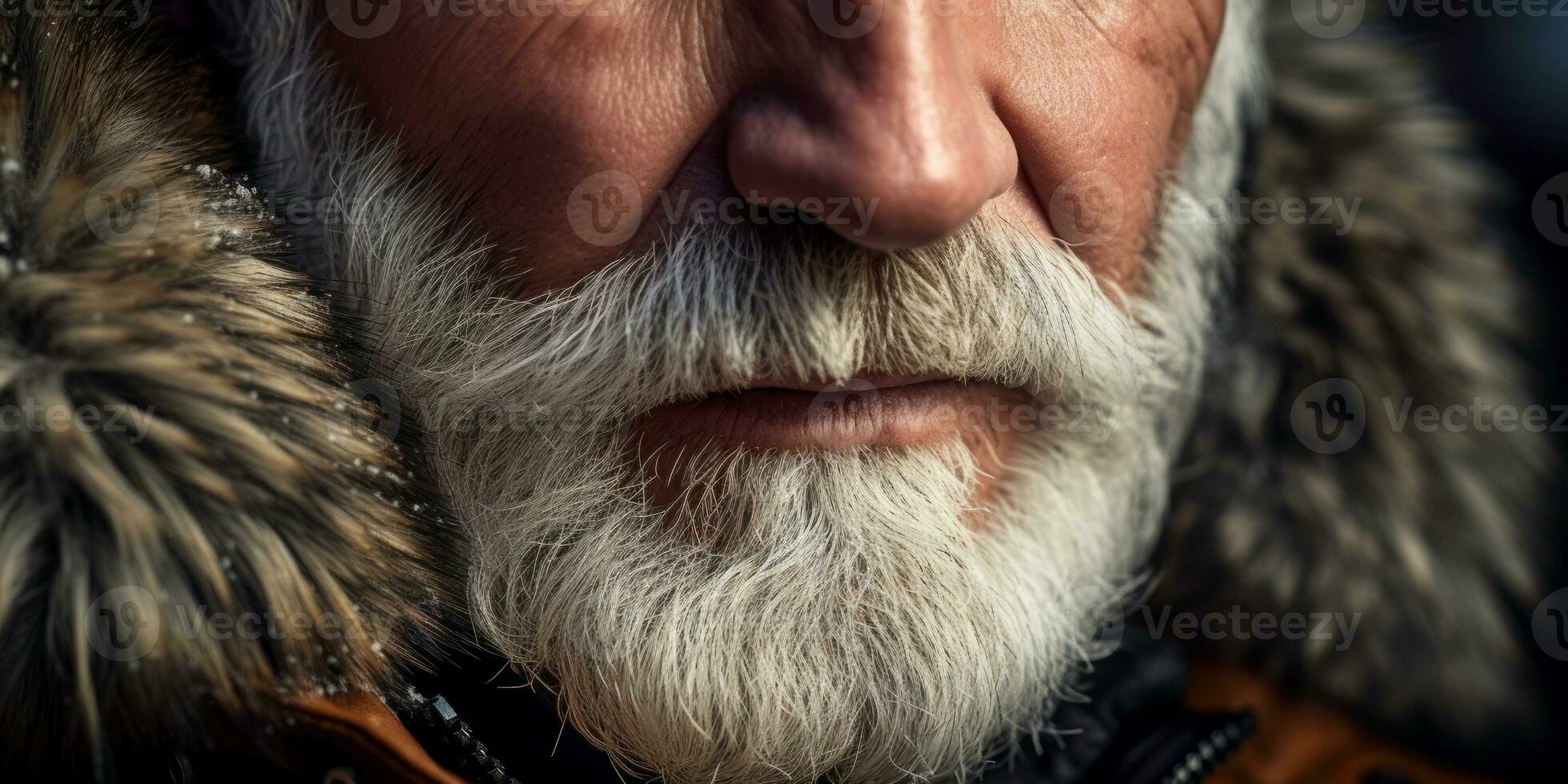 AI generated Weathered face of an elderly man in winter attire, set against a snowy. AI generative. photo