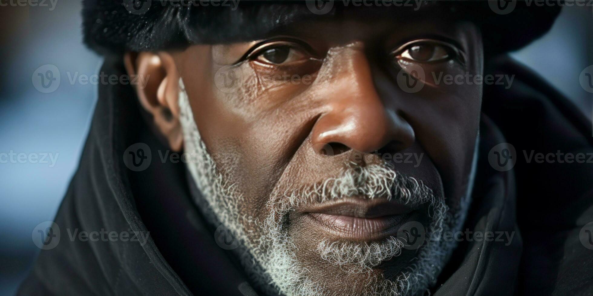 AI generated Weathered face of an elderly man in winter attire, set against a snowy. AI generative. photo