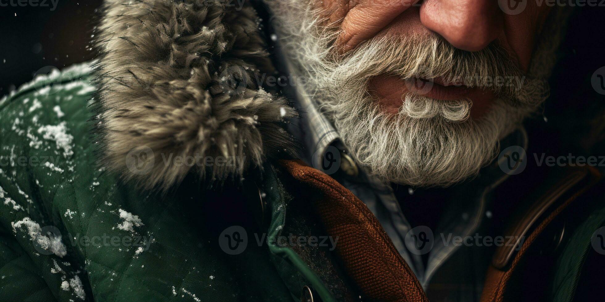 AI generated Weathered face of an elderly man in winter attire, set against a snowy. AI generative. photo