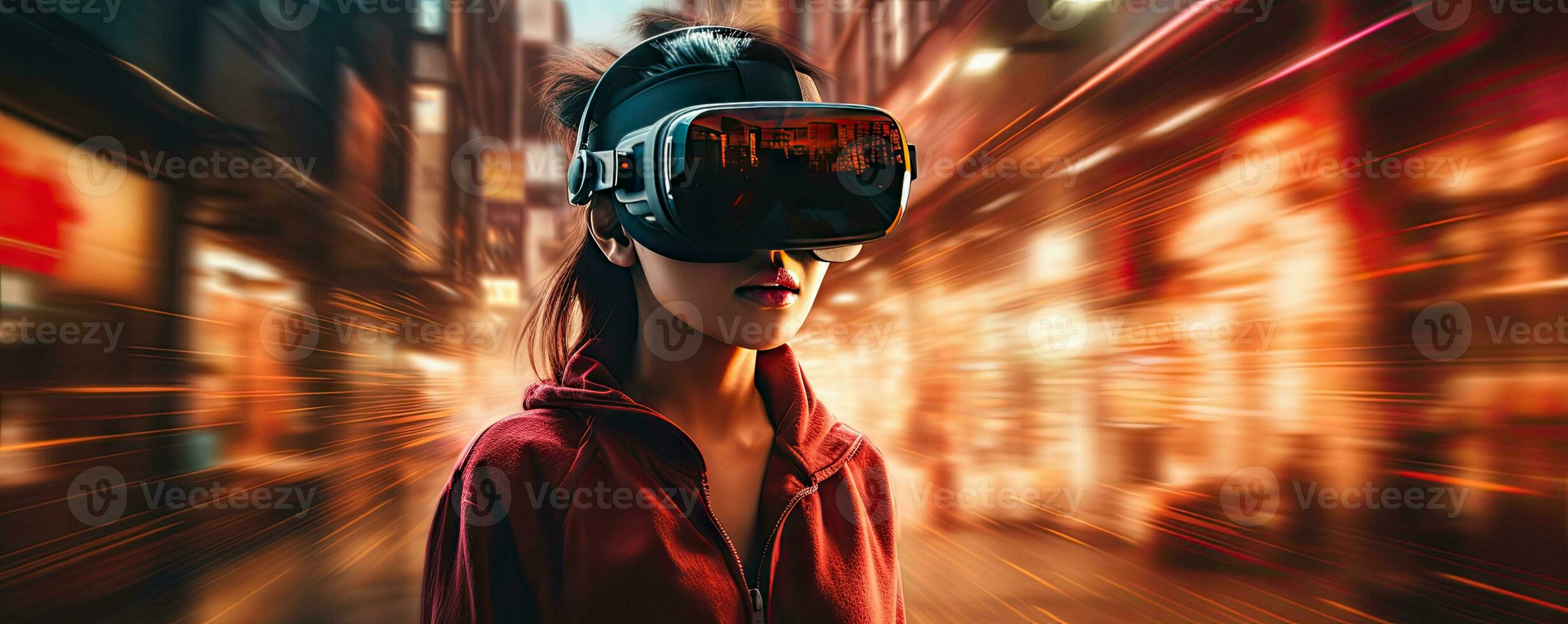 AI generated Girl engrossed in VR, contrasting calm demeanor. AI generative. photo