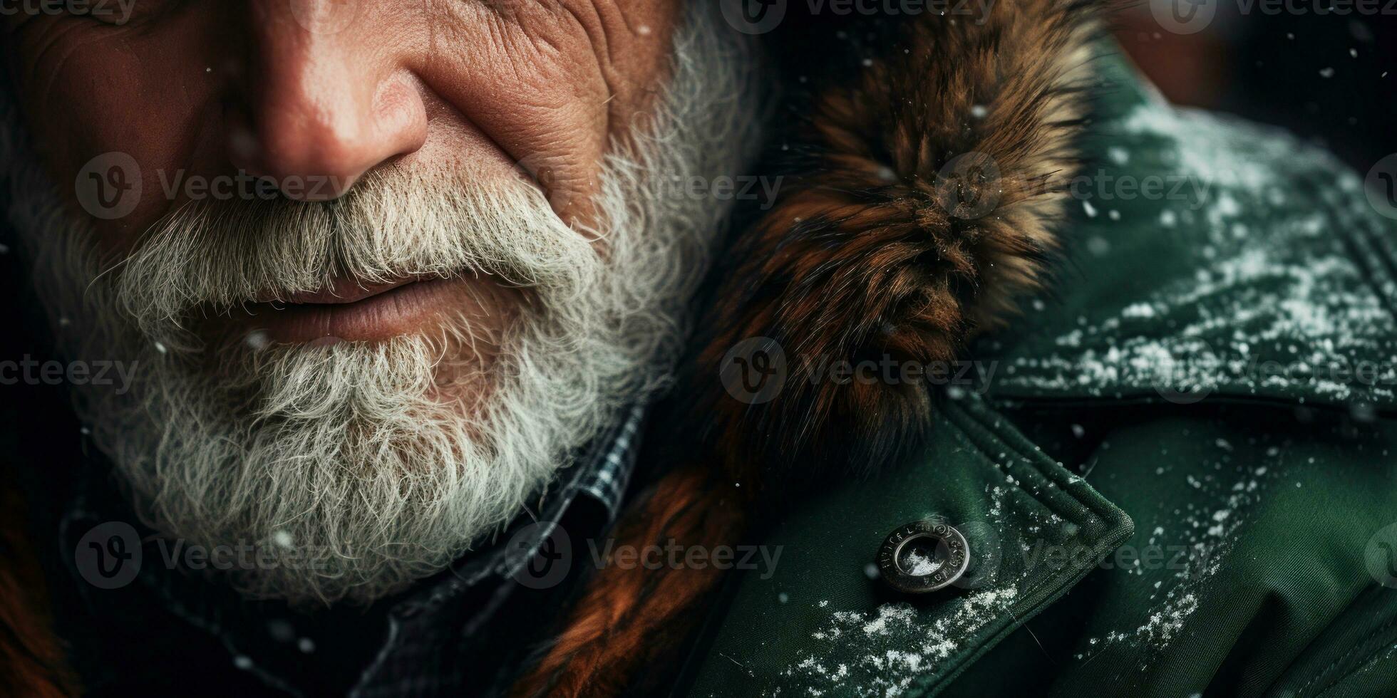 AI generated Weathered face of an elderly man in winter attire, set against a snowy. AI generative. photo