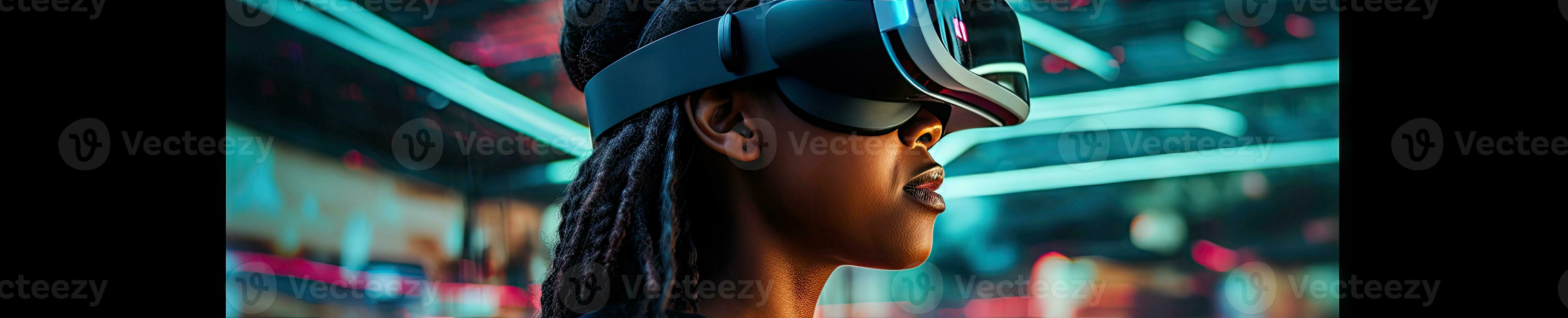 AI generated Girl engrossed in VR, contrasting calm demeanor. AI generative. photo