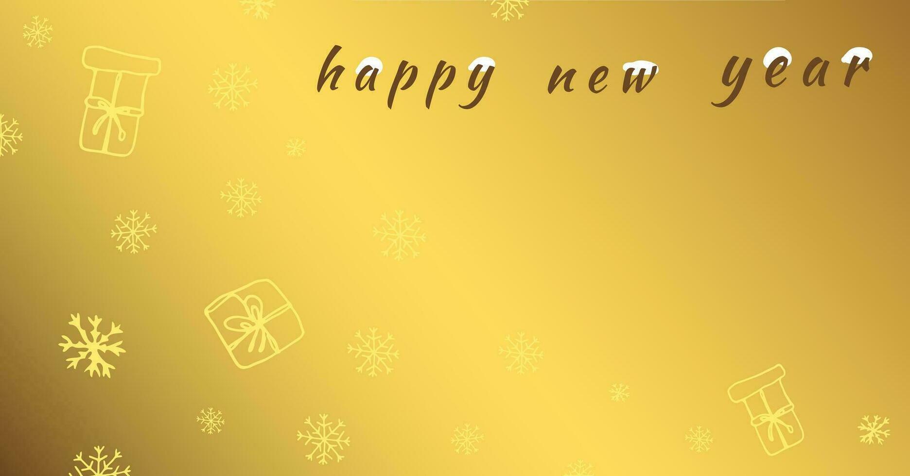 Happy new year golden banner horizontal. Vector illustration. Design with gifts and snowflakes. Golden background Design for website header, landing page, banner, poster, cover, social post.