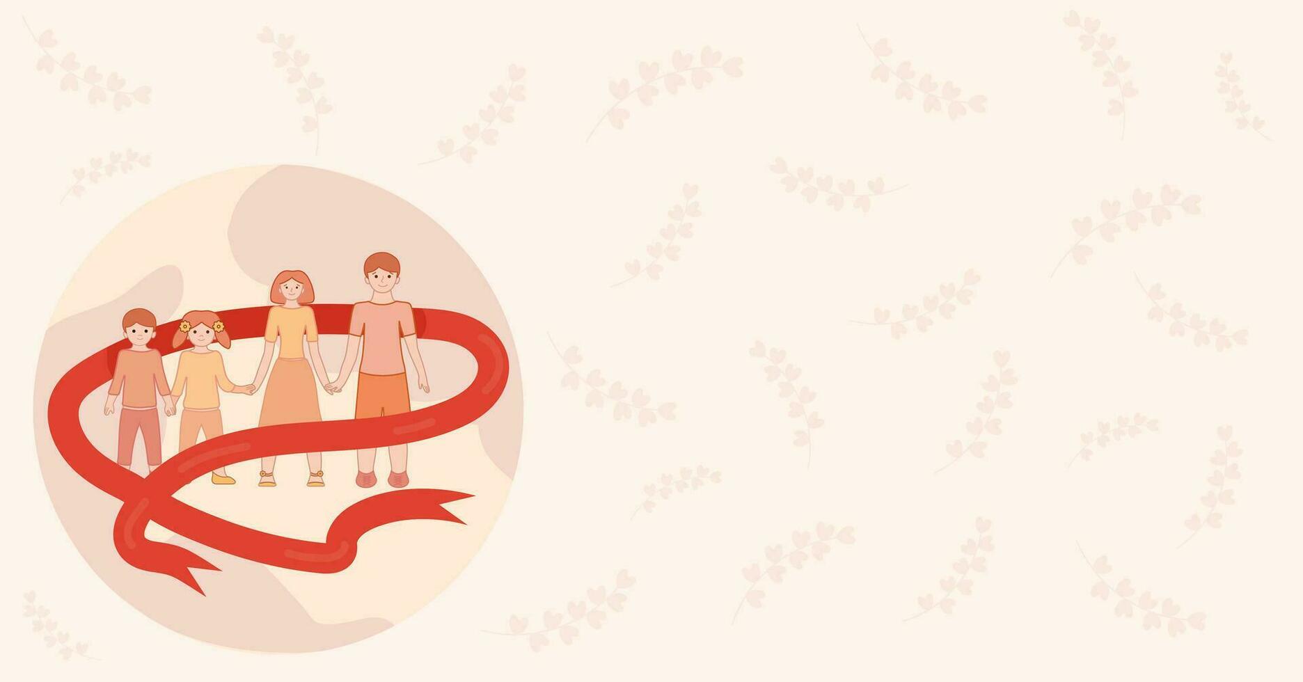 World AIDS Awareness Day vector banner. family, red ribbon and globe in flat style. Template card.