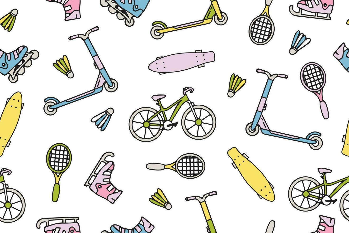 Seamless pattern with sports equipment. Colorful handmade sports equipment. vector