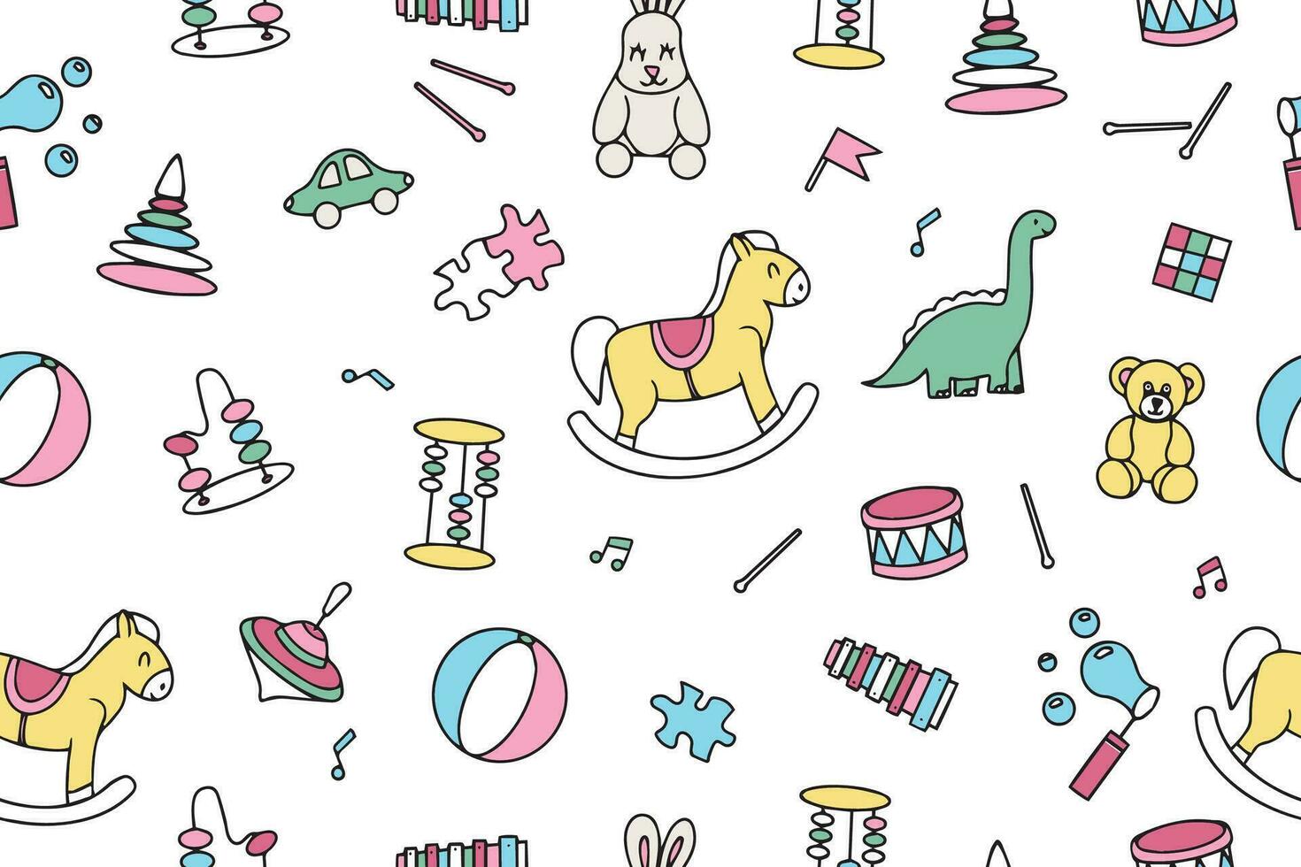 Seamless pattern in doodle style from children's toys. Bright toys in doodle style. Vector illustration. Vector