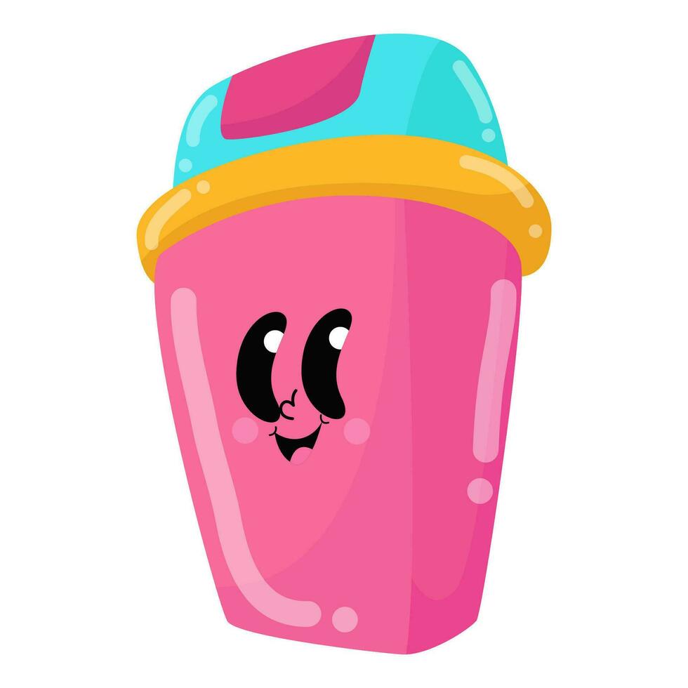 cartoon pink cup with eyes and a blue lid vector