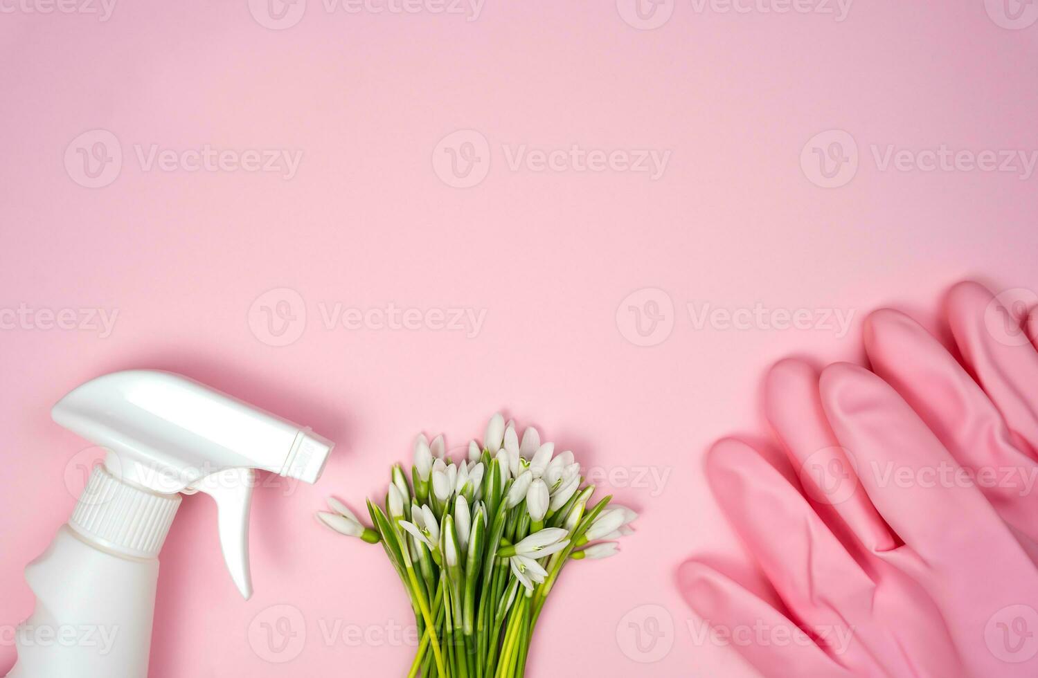 Detergent, spring flowers and rubber gloves on a pink background. Spring cleaning concept. Flatlay. Copy space. Top view. photo