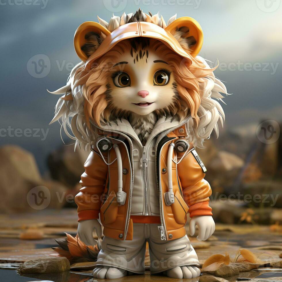 AI generated 3d lion wearing cute clothes photo