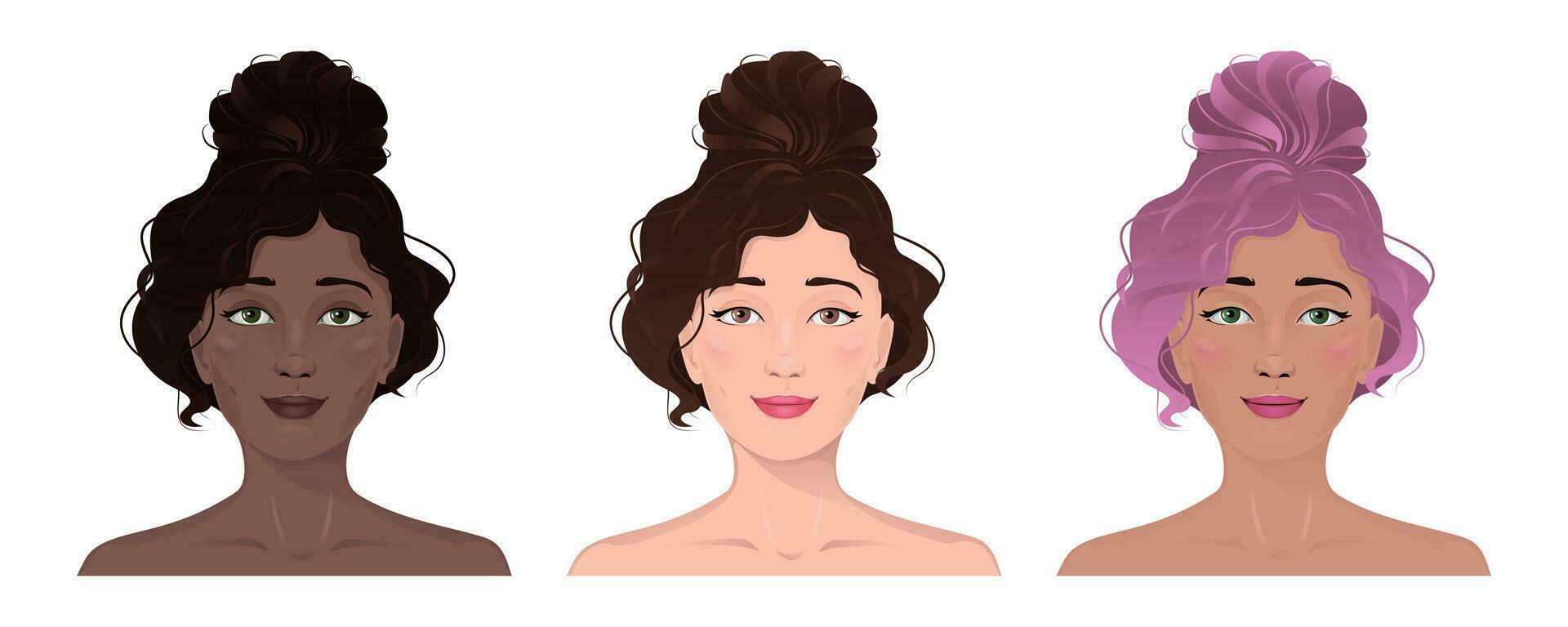 Face portrait of women with different skin and hair. Facial expression with gesture isolated vector illustration. Avatar for a social network. Vector flat illustration, web, beauty and make up.
