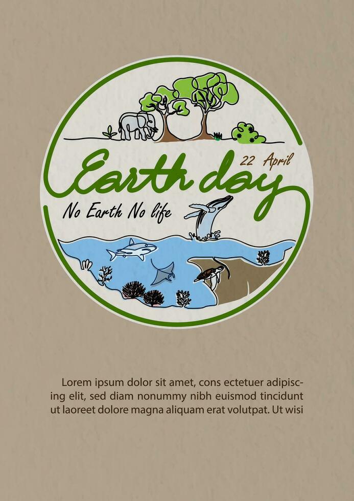 Poster's campaign of World earth day in line art style with slogan and wording of earth day on brown paper pattern background. vector