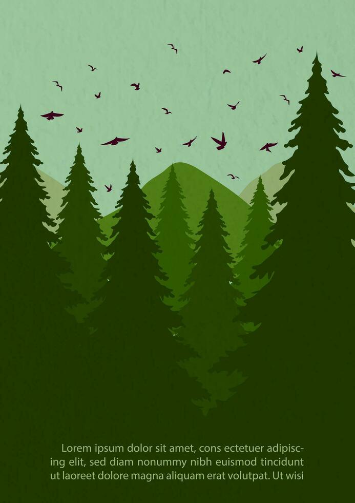 de cerca y cosecha escenas de verde pino bosques y ejemplo textos en vector diseño.