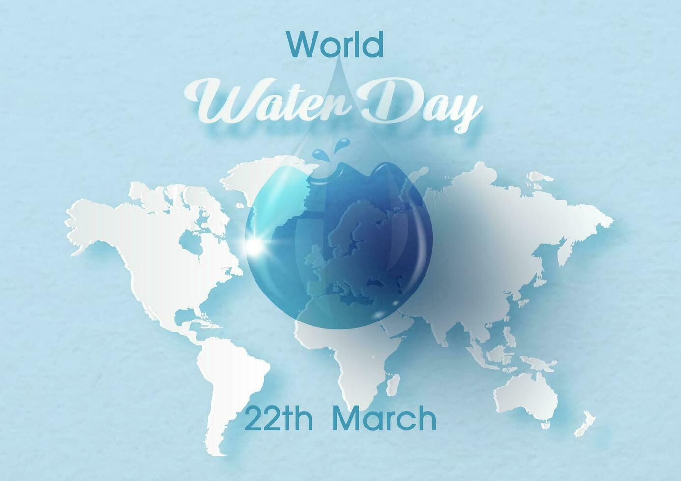 Giant water droplet in glass style on world water day letters and world map in paper cut style and blue paper pattern background. Poster's campaign of water day in vector design.