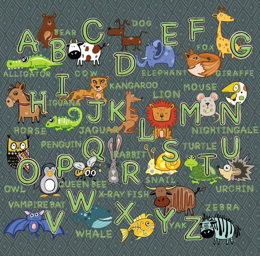 latin alphabet, children's alphabet with animals, letters. vector