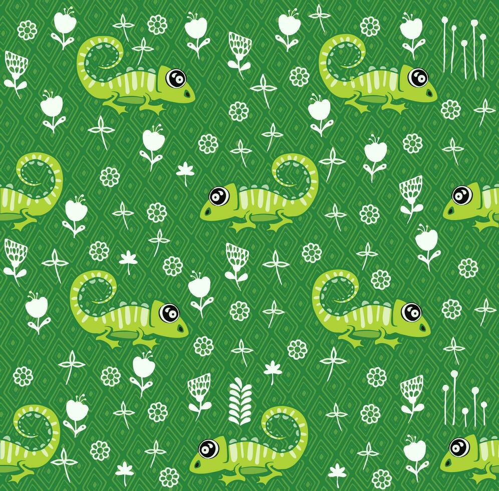 Funny green iguana Seamless pattern with cute animal. Can be used for fabrics, wallpapers. Vector