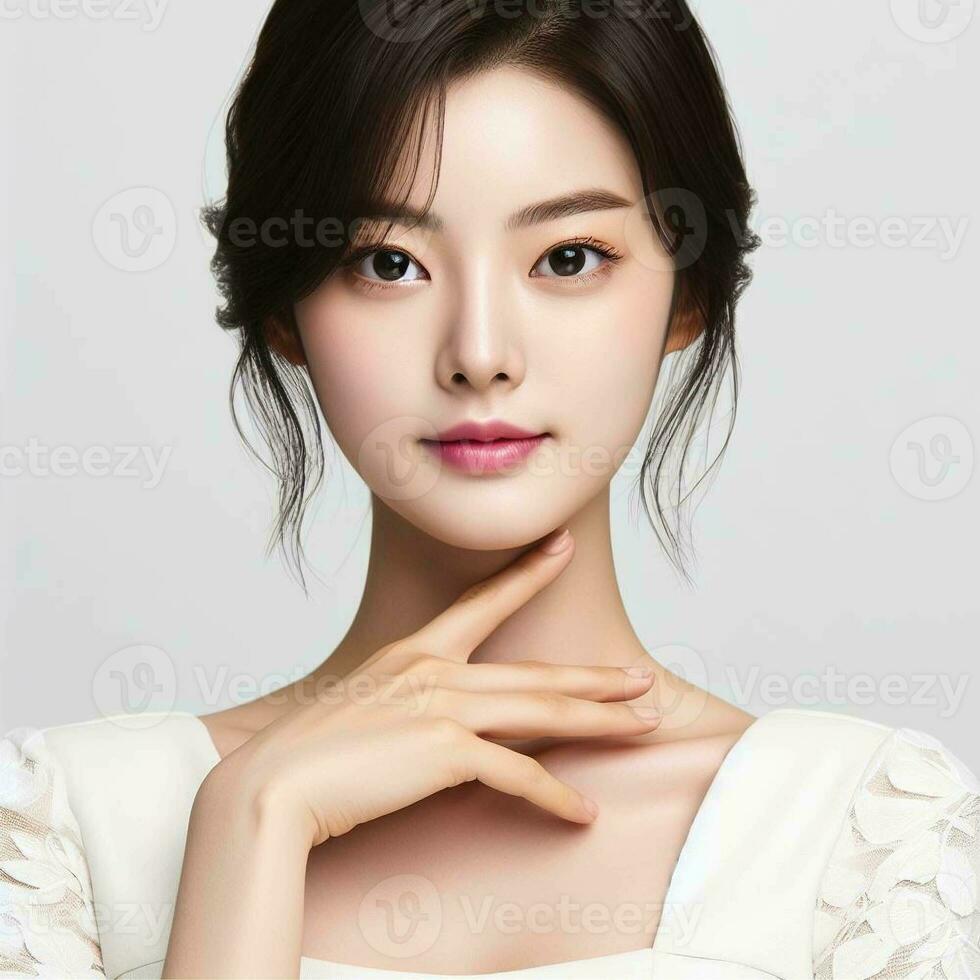 AI generated a Korean woman showcasing a unique hands pose. photo