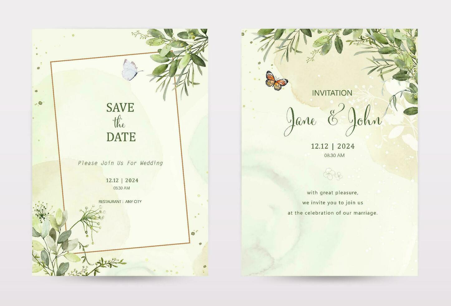 Set of invitation template cards with botanical on watercolor stains vector