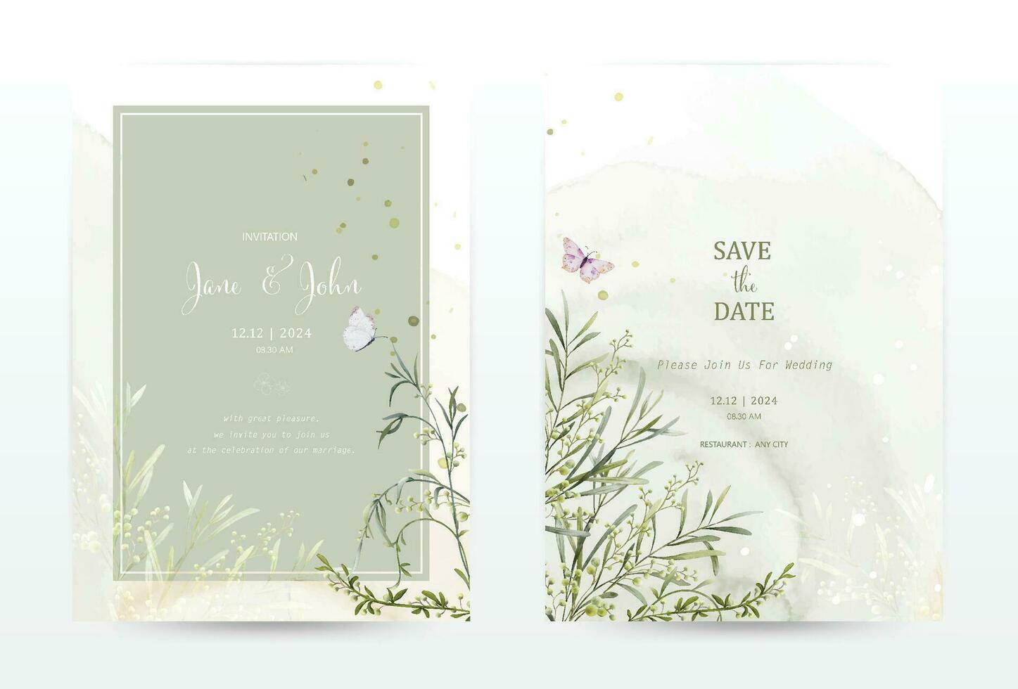 Set of invitation template cards with botanical on watercolor stains vector