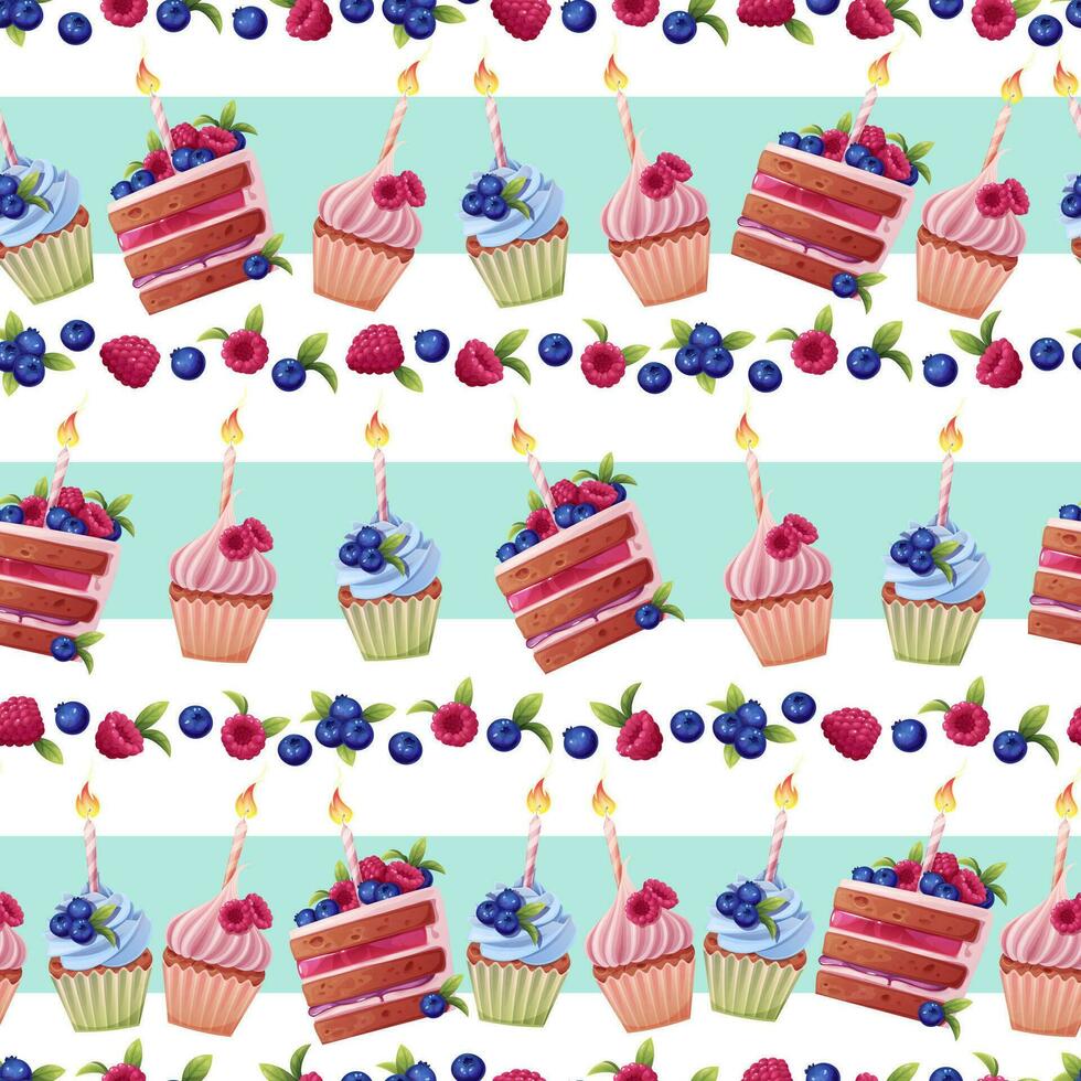 Seamless pattern with a cake decorated with cream, berries, a candle and a sparkler. Birthday muffin background. Festive texture for wrapping paper, cards, fabric, wallpaper. vector