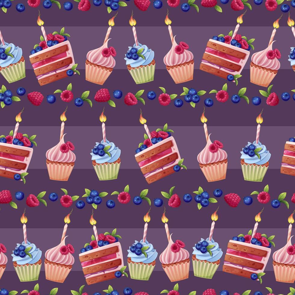 Seamless pattern with a cake decorated with cream, berries, a candle and a sparkler. Birthday muffin background. Festive texture for wrapping paper, cards, fabric, wallpaper. vector