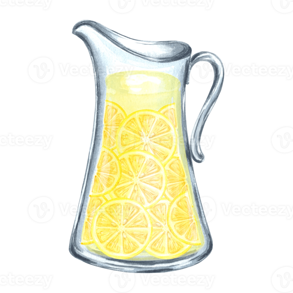 Jug glass with slices of juicy yellow lemons Template watercolor citrus drink lemonade. Hand drawn isolated illustration for design, decorating card, packaging and textile, making sticker, embroidery png