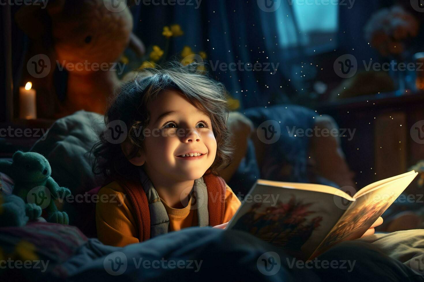 AI generated Cute boy reading a book with imagination. Generative AI. photo
