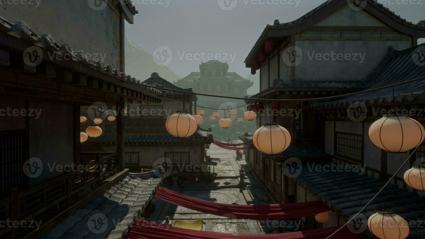 A street with lanterns hanging from it's sides photo