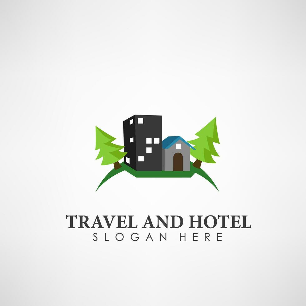 viaje y hotel concepto logo modelo. etiqueta para vacaciones y viajes, vector ilustración