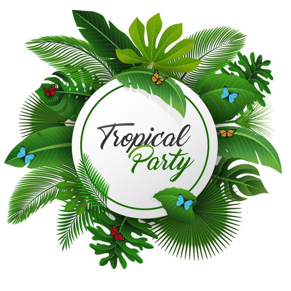 tropical fiesta firmar con tropical hojas y mariposas adecuado para verano concepto, vacaciones, y verano día festivo, vector ilustración